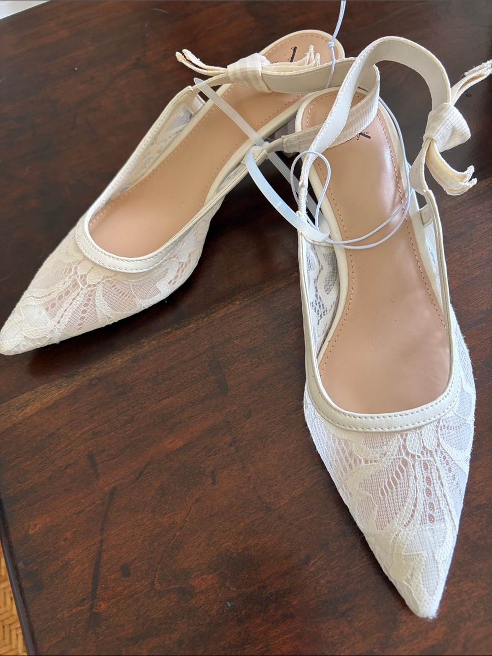 a new day Ivory Lace Pointed Slingback Flats with Tie Strap